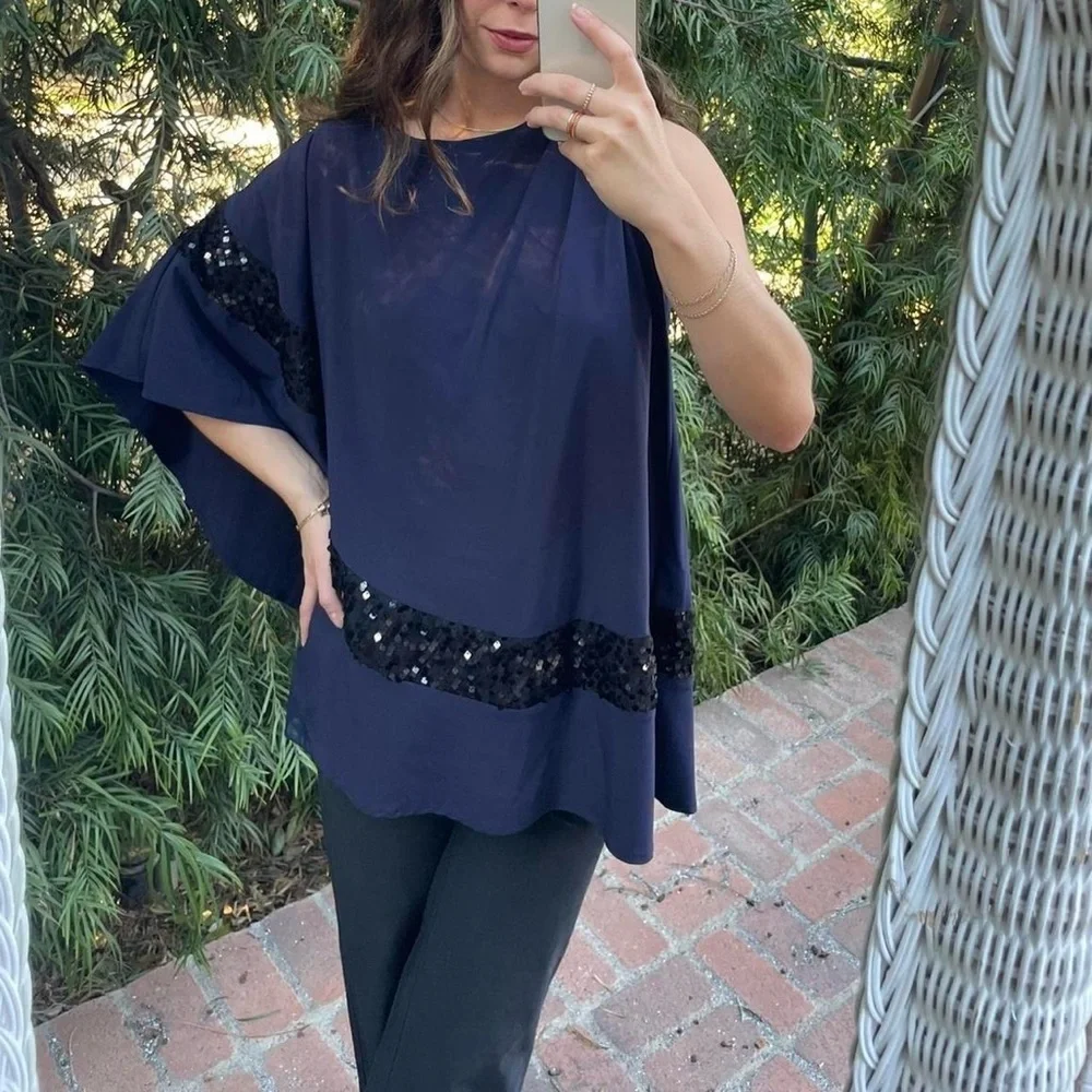 Beautiful navy blue sequin one shoulder flowy blouse
